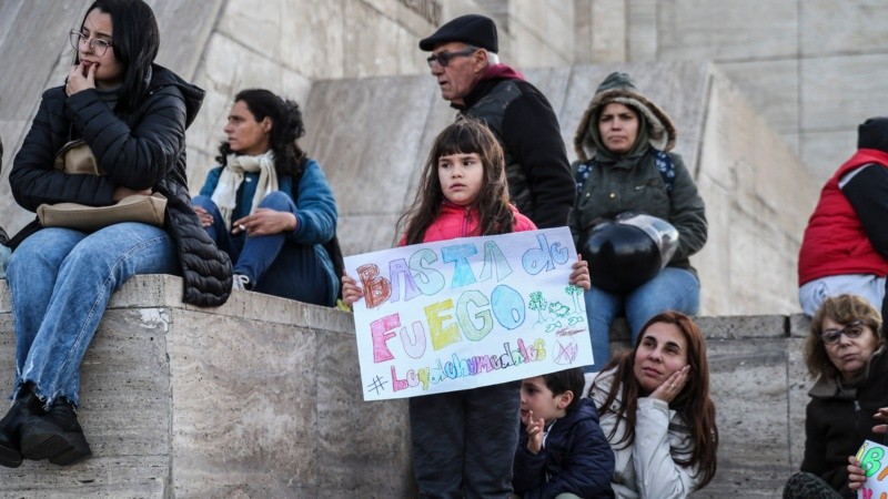 Una multitud en el Monumento se reunió para decir basta a la quema en las islas. 